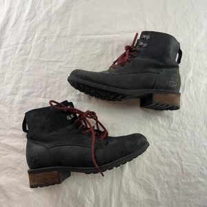 UGG Denhali Women's Black Leather Lace Up Shearling Boots Sz 9